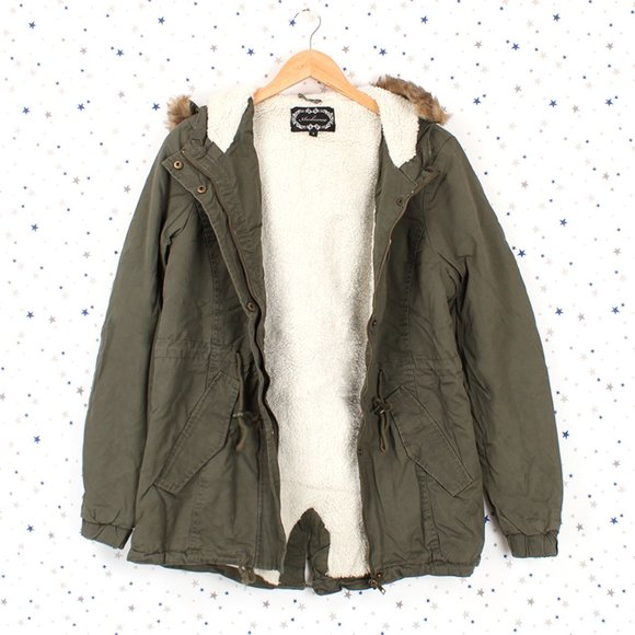 Jackets & Blazers - Olive Faux Fur Hooded Sherpa Lined Utility Jacket